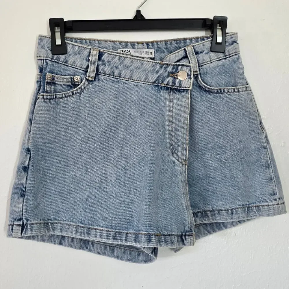 Zara Denim Faux Wrap Front Skort High Rise Jean Skirt Shorts Light Wash Cotton - Picture 2 of 8